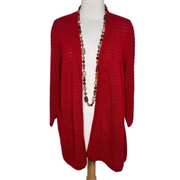 Chico's Sweaters - Chico's Travelers Collection Cardigan 3 Red Textured Open Front 3/4 Sleeve‎ XL